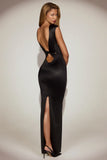 Satin Boat Neck Twist Back Maxi Dress in Black