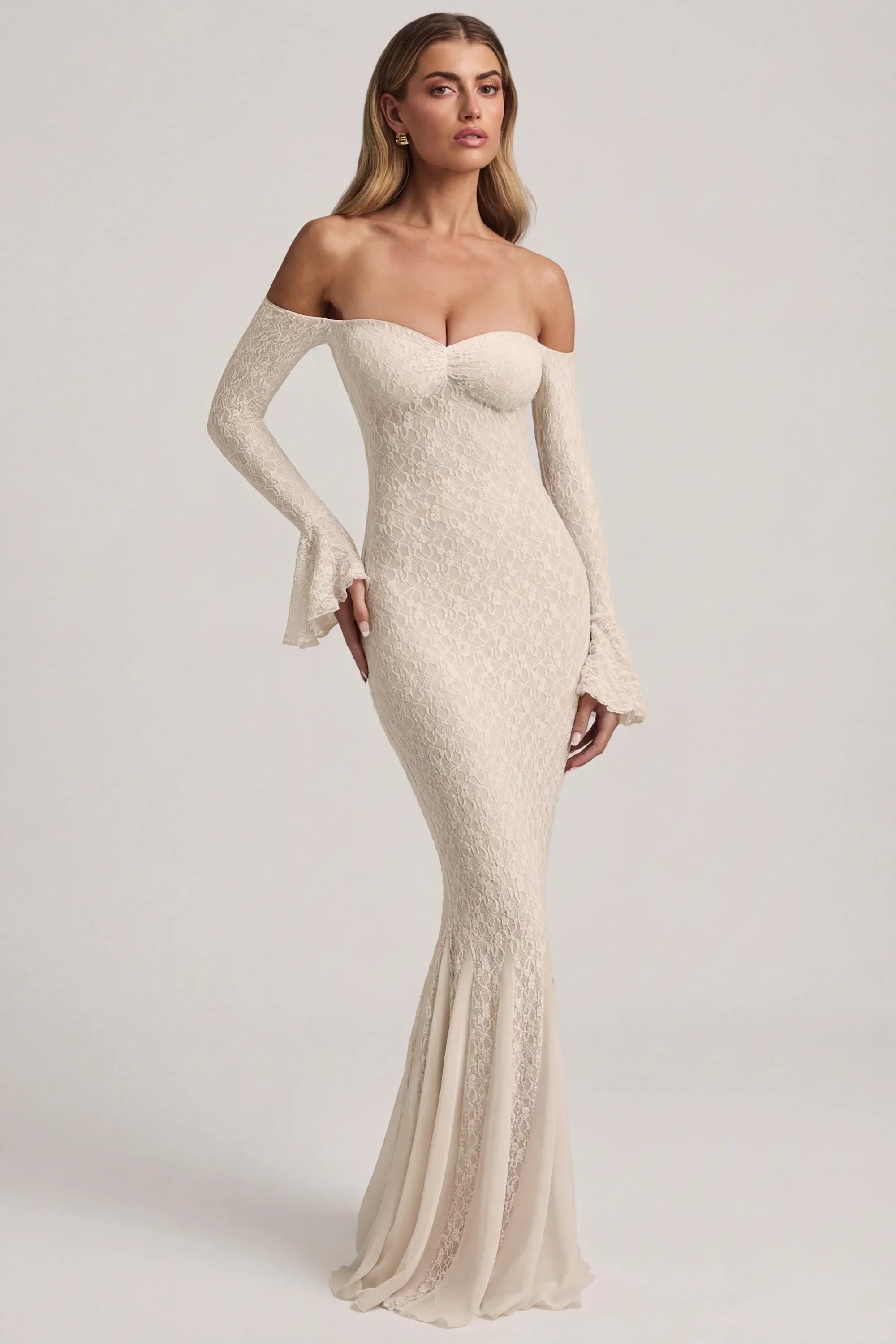 Off Shoulder Ruffle Lace Maxi Dress in Ivory