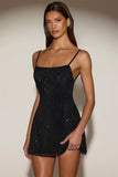 Embellished Soft Scoop Backless Fitted Mini Dress in Black