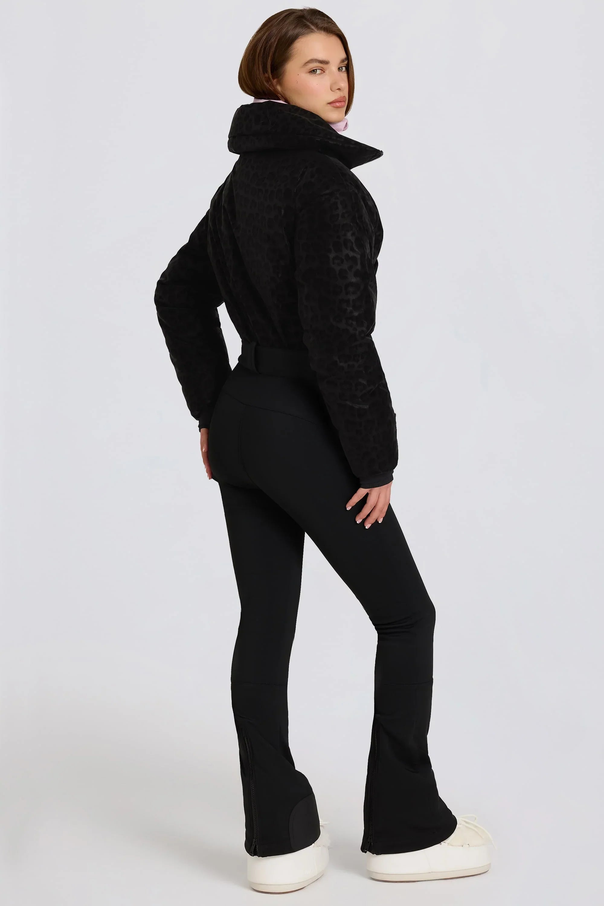 Waterproof Belted Layered Ski Suit in Black Leopard