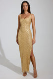 Embellished Scoop Neck Thigh Split Maxi Dress in Gold