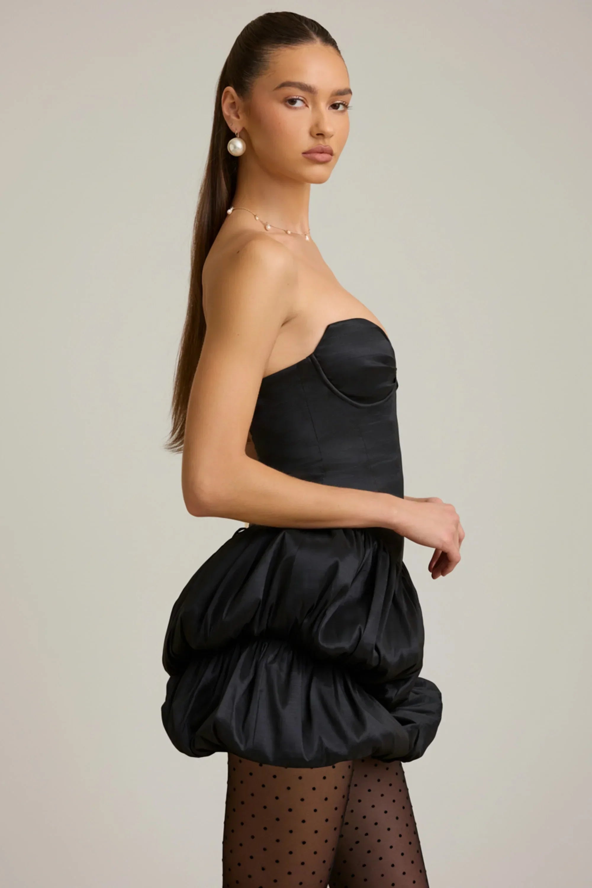 Satin Bubble Hem Corset Mini Dress in Black