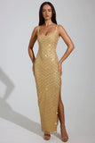 Embellished Scoop Neck Thigh Split Maxi Dress in Gold