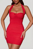 Bow Embellished Ruched Halterneck Mini Dress in Red