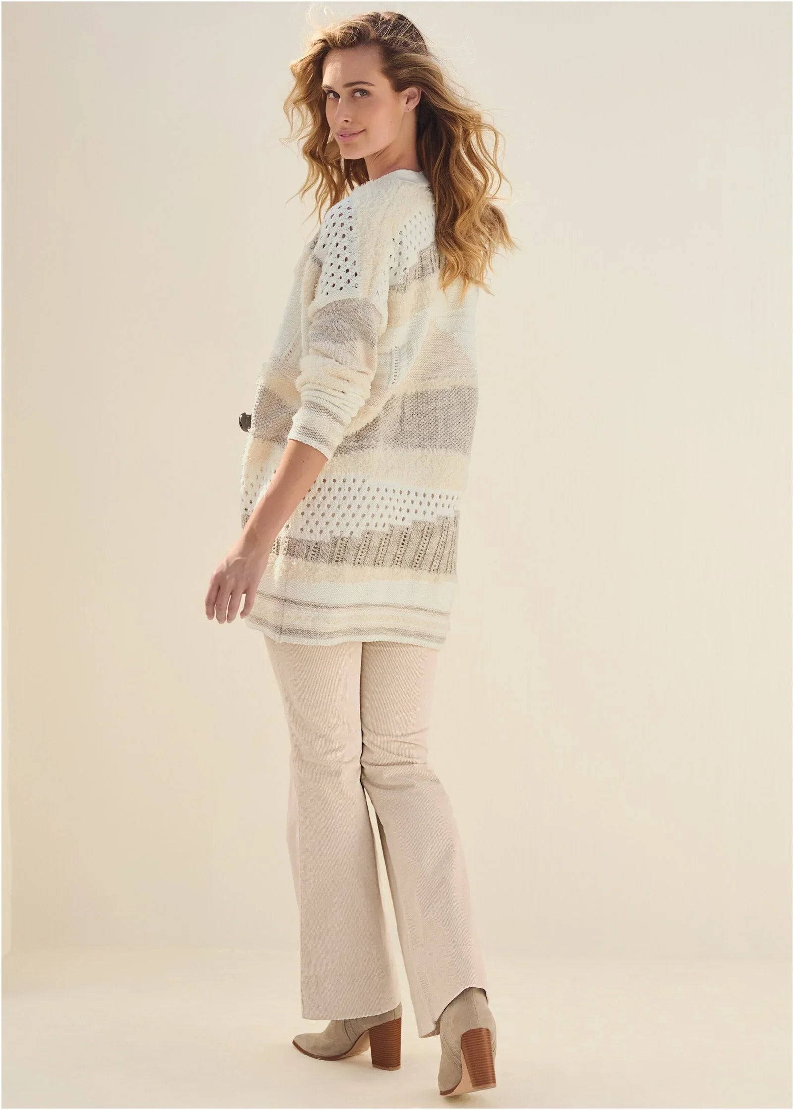 Textured Open Cardigan Cream Multi