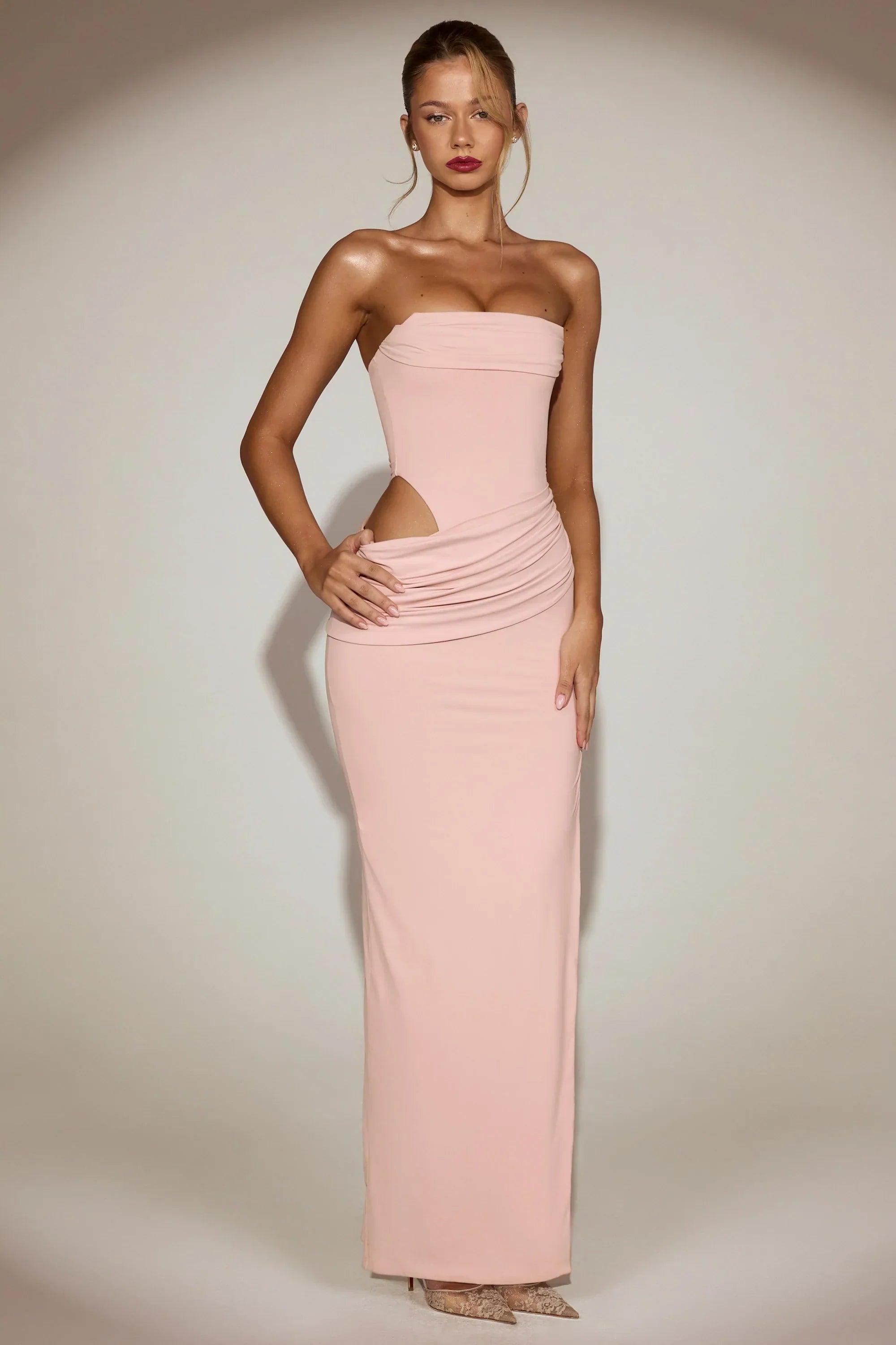 Soft Jersey Bandeau Cut Out Maxi Dress in Pink