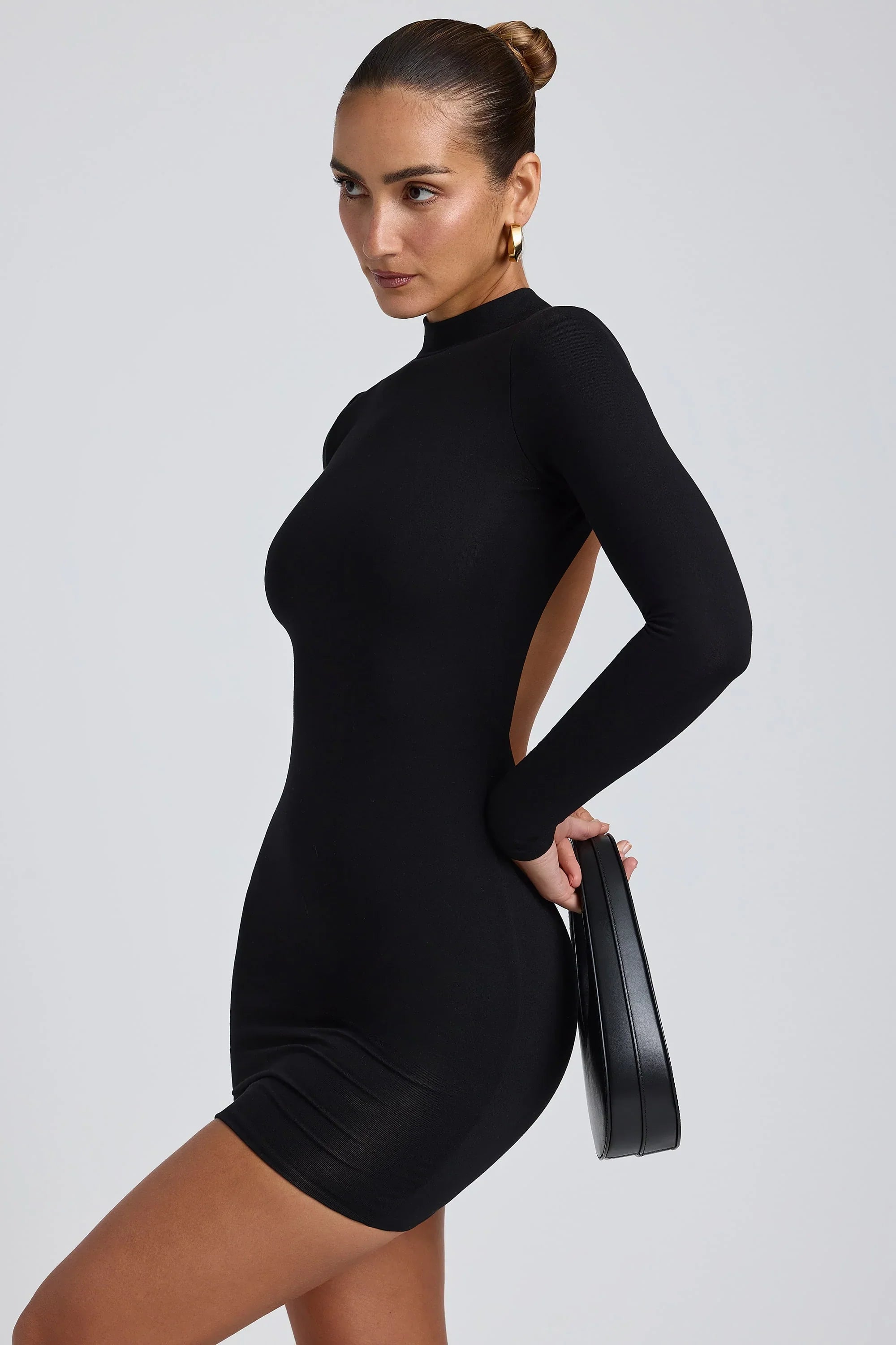 Modal Open Back Long Sleeve Mini Dress in Black