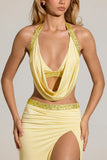Embellished Deep Plunge Halterneck Top in Lemon Yellow