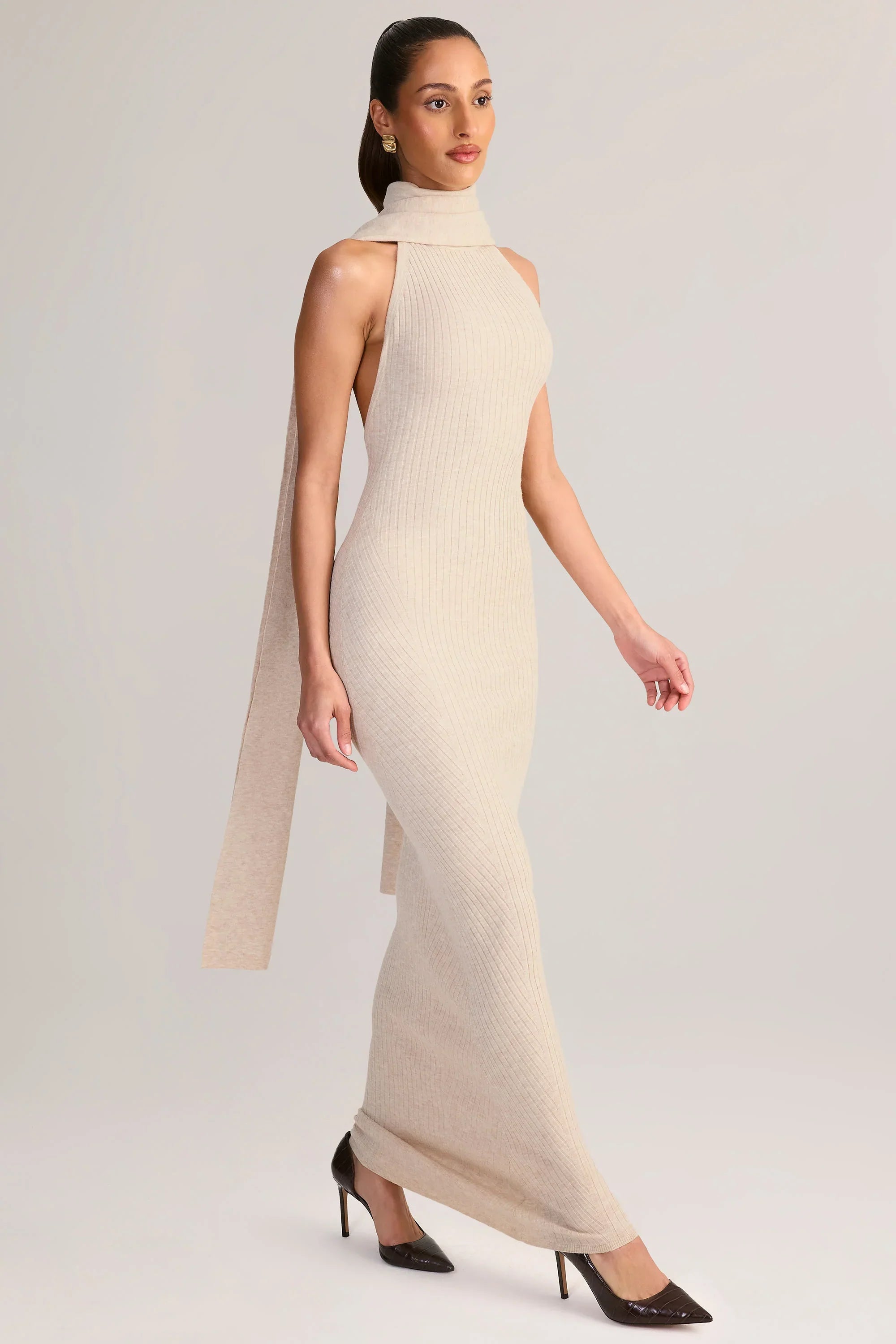 Rib Knit Scarf Detail Halterneck Maxi Dress in Cream