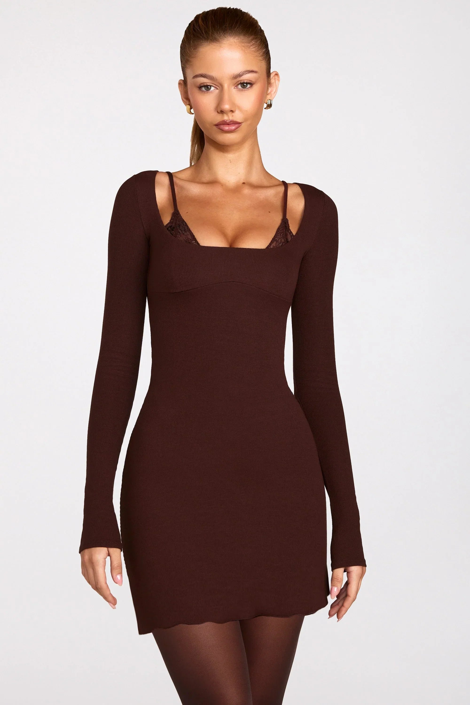 Ribbed Modal Long Sleeve Laced Bra Mini Dress in Chocolate Brown