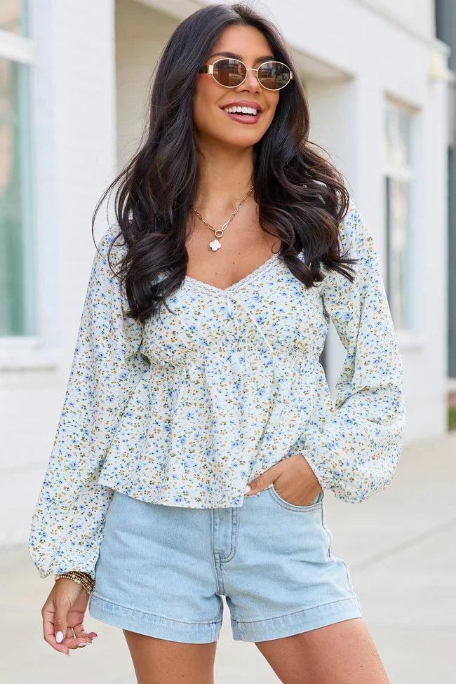 Kileigh Blue Floral Long Sleeve Babydoll Top