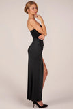 Bandeau Draped Thigh High Maxi Dress in Black