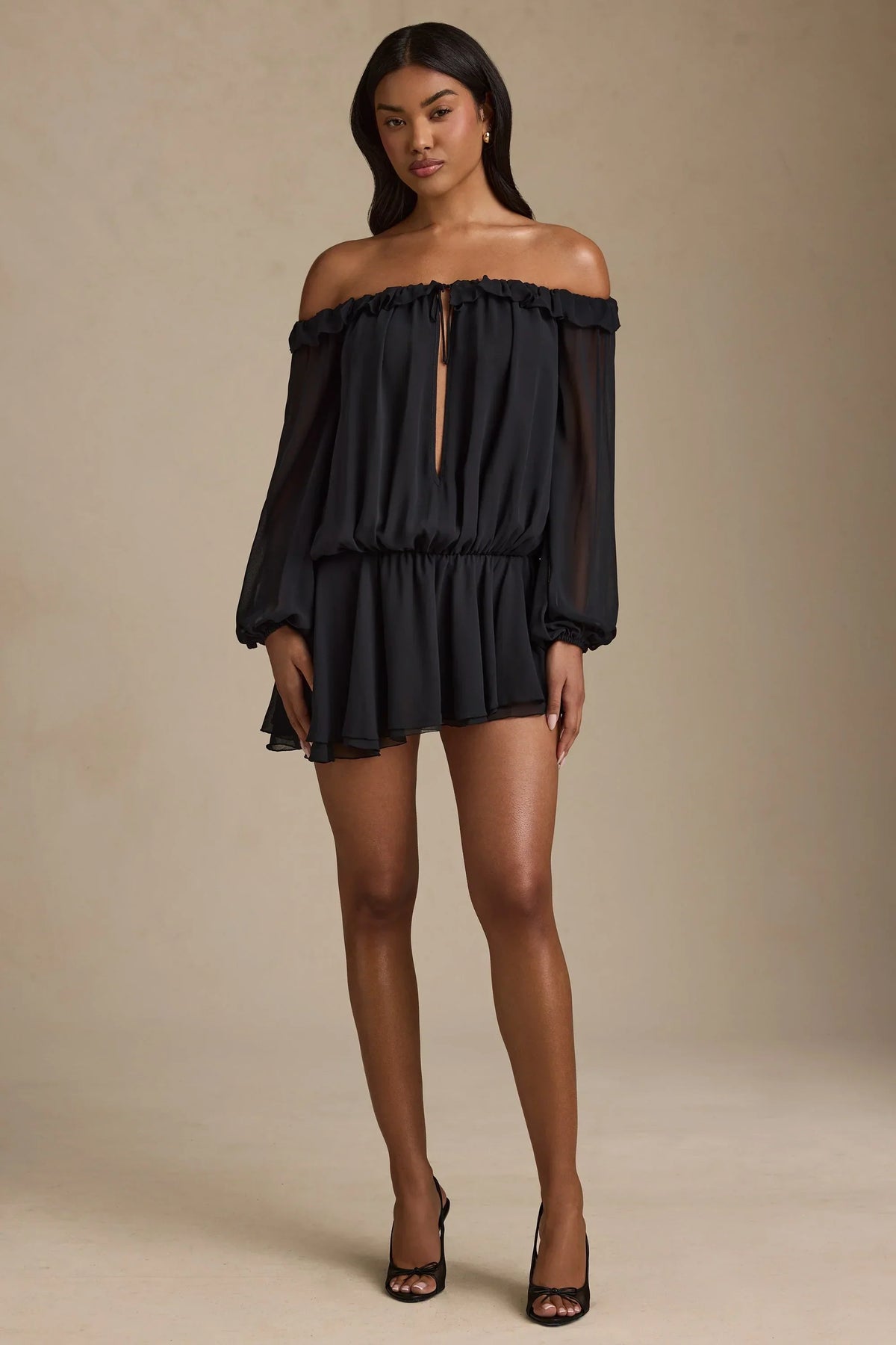 Off Shoulder Asymmetric Balloon Sleeve Mini Dress in Black