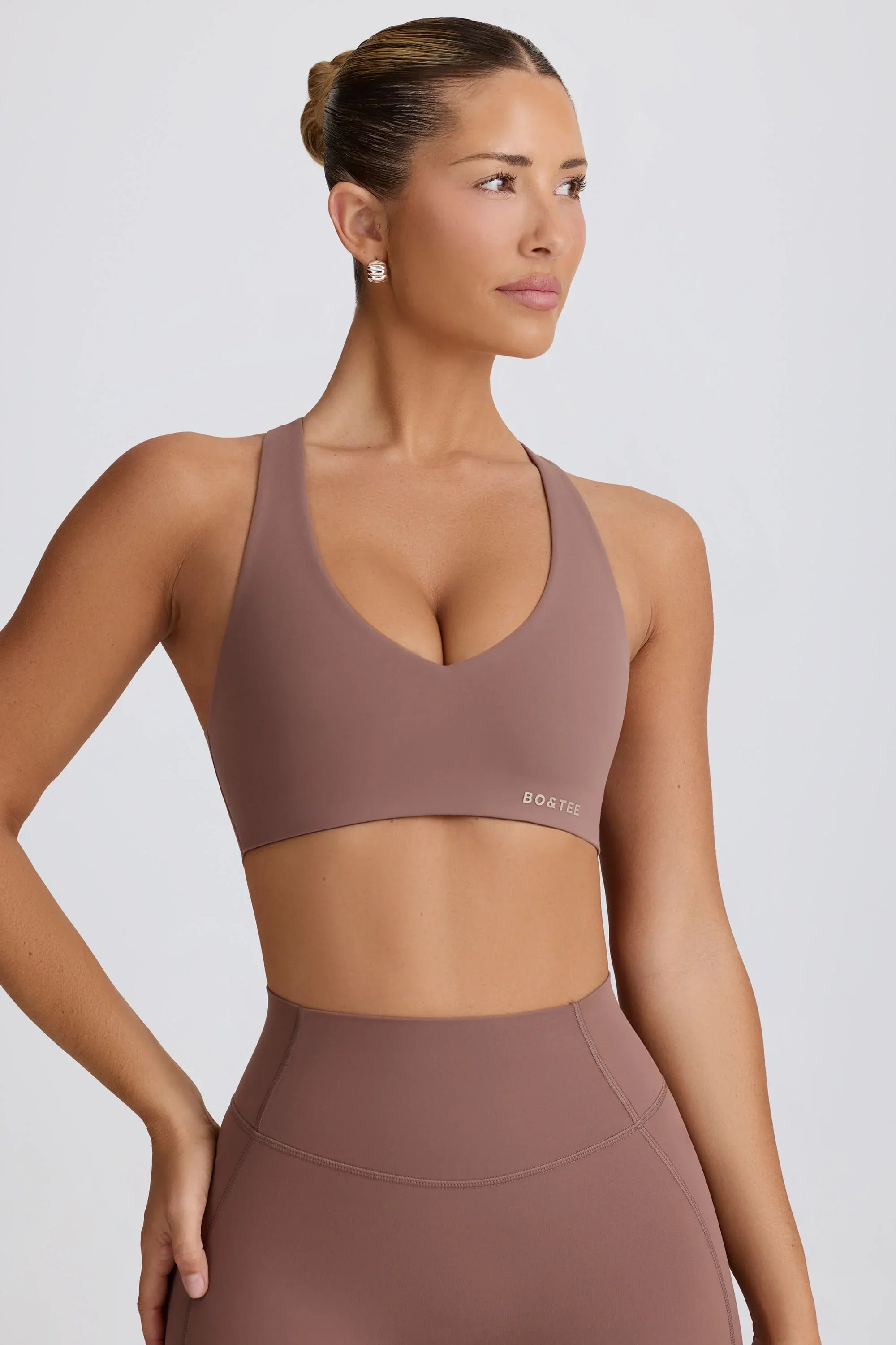 Soft Active V Neck Sports Bra in Mocha