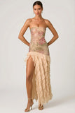 Embellished Ruffle Trim Strapless Gown in Rose Hotfix