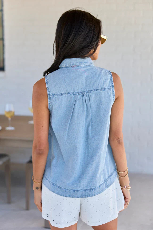 Smooth Sailing Light Wash Sleeveless Collared Chambray Tank