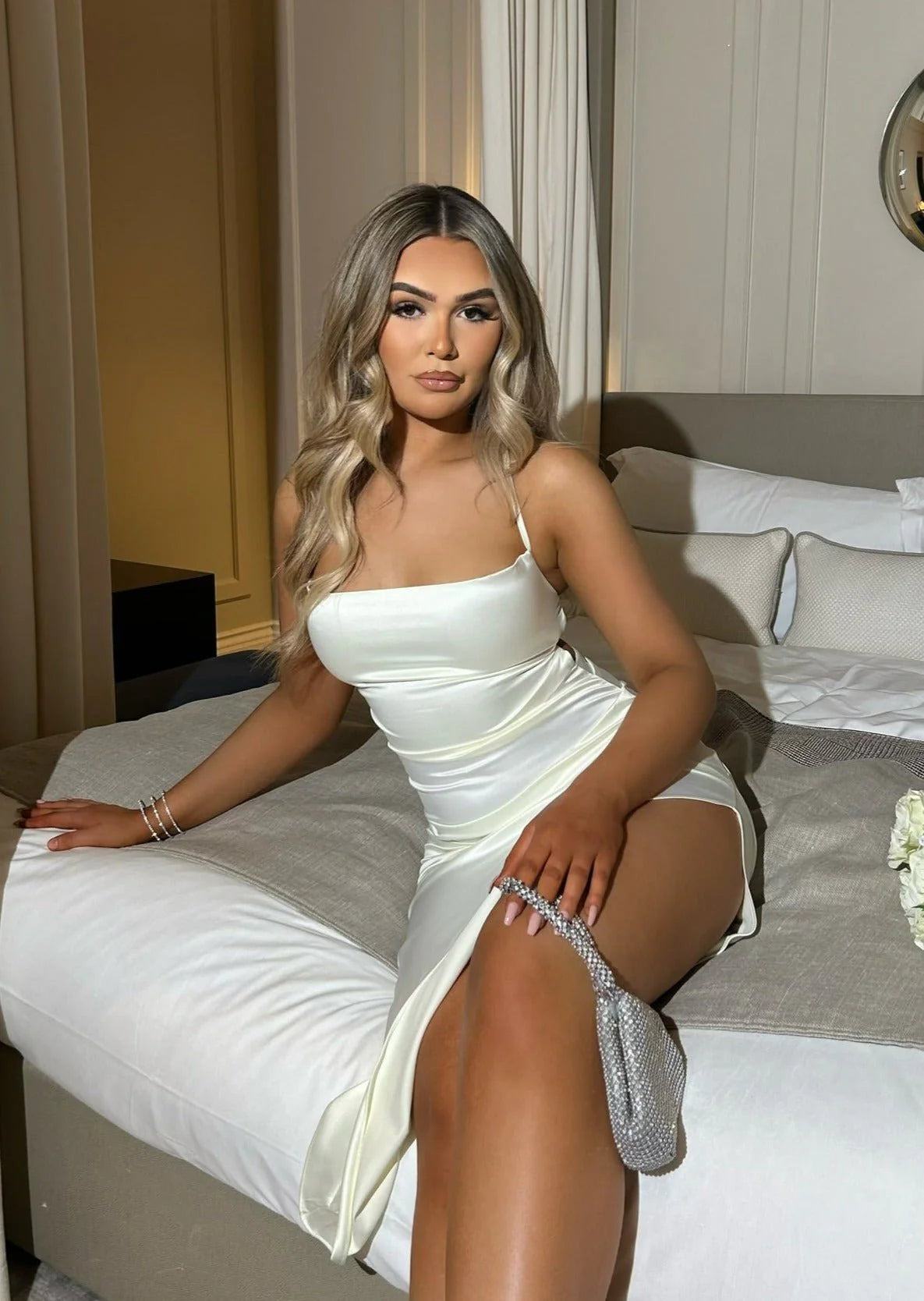 Paulette Satin Midi Dress Ivory