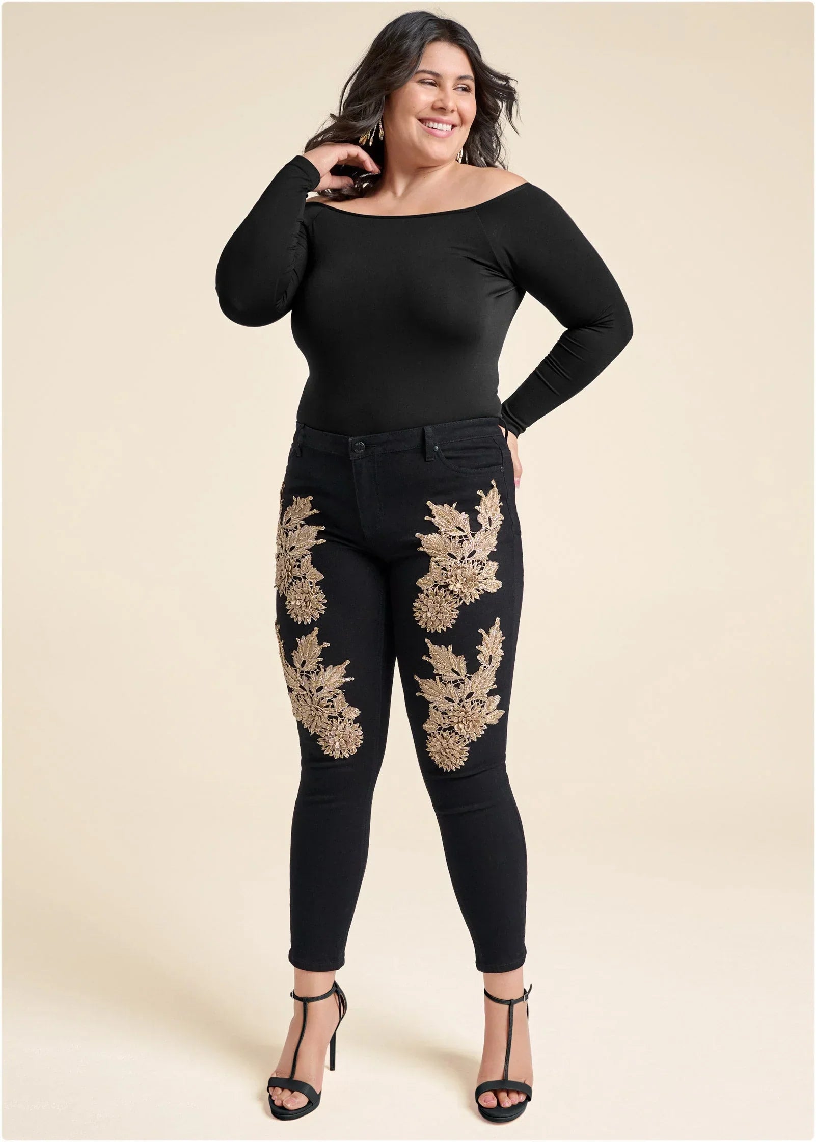 Floral Embellished Jeans Black Multi
