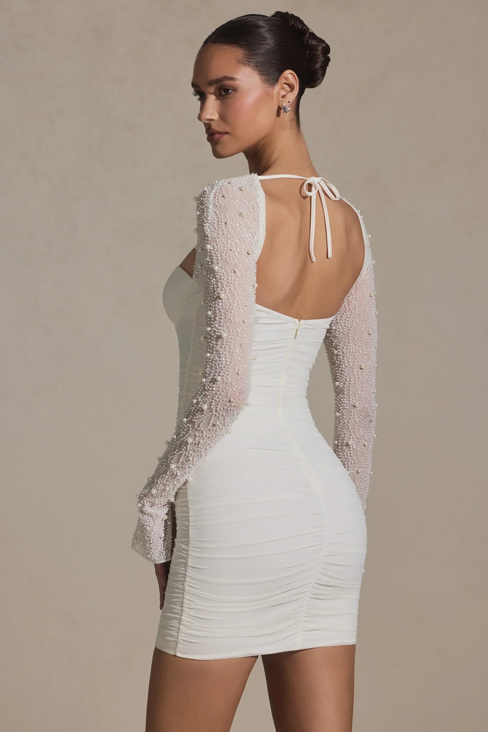 Embellished Long Sleeve Mini Dress in White