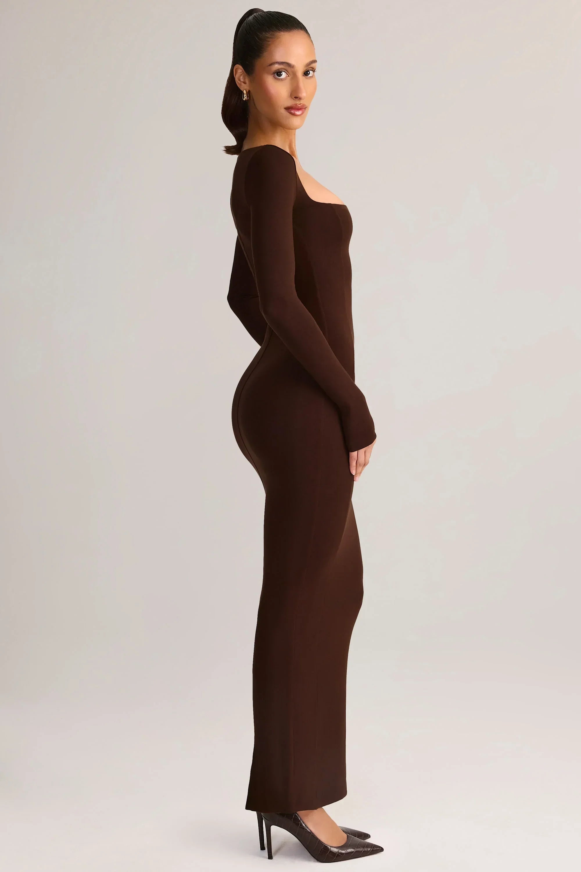 Modal Square Neck Bodycon Maxi Dress in Chocolate Brown