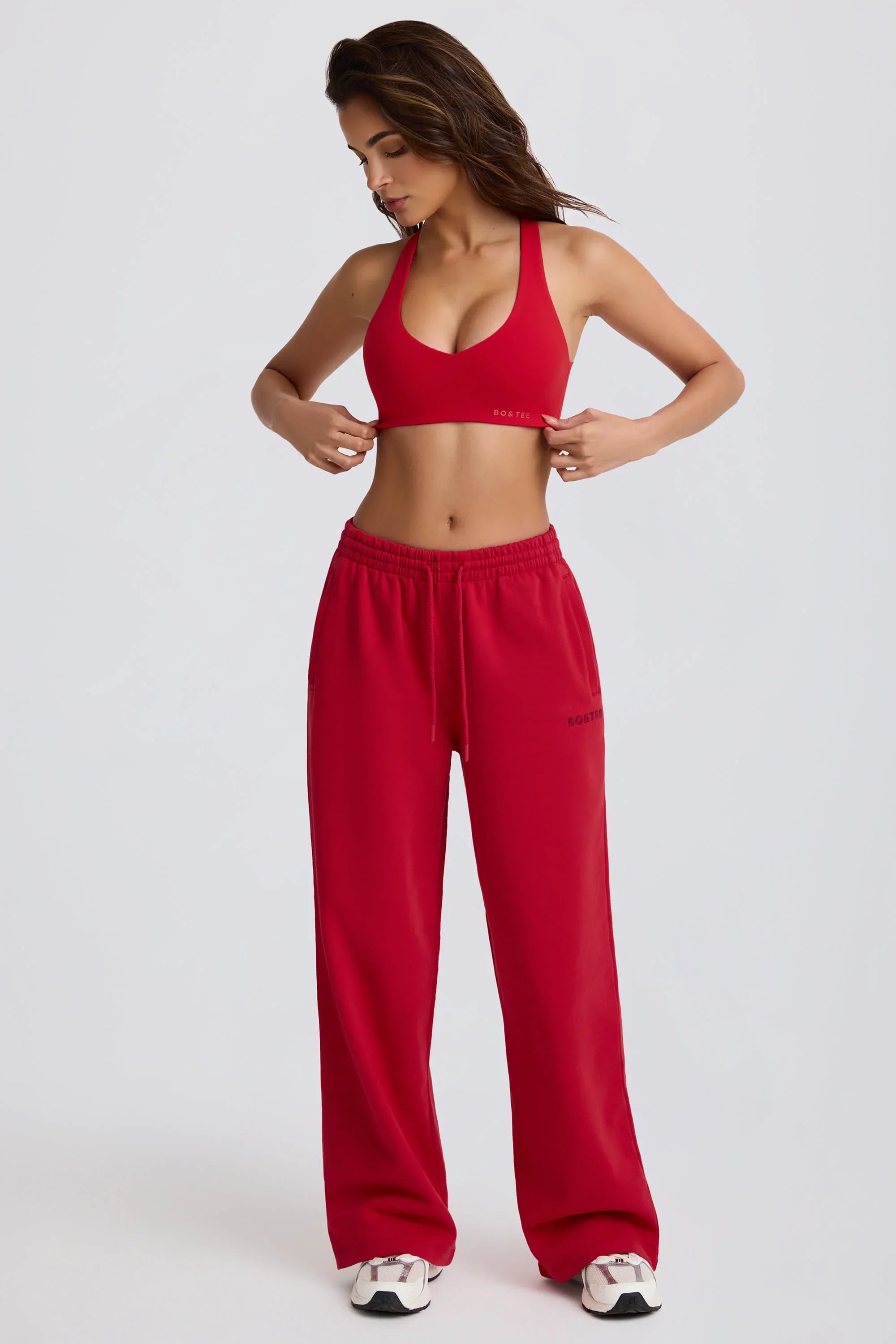 Soft Cotton Jersey Mid Rise Wide Leg Joggers in Hot Red