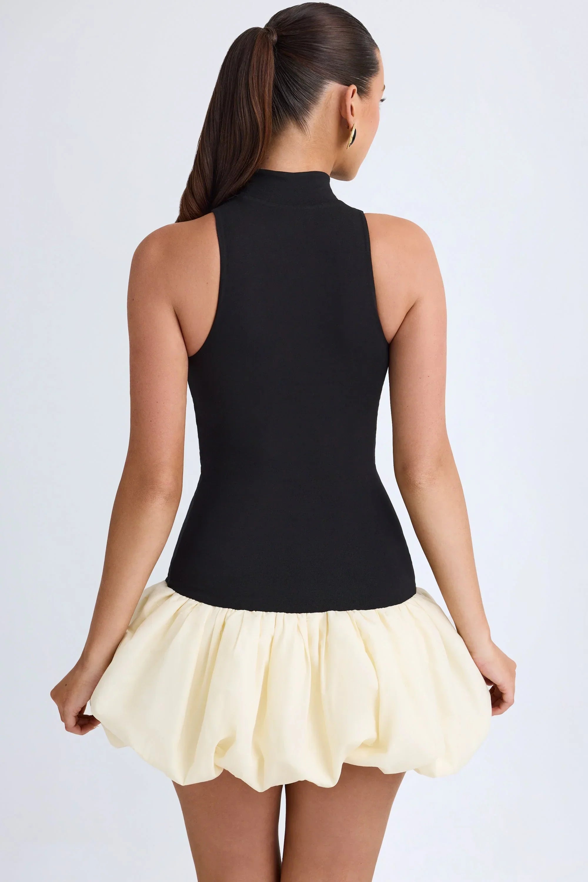 Modal Turtleneck Drop Waist Bubble Hem Mini Dress in Black