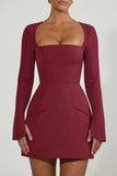 Square Neck Structured Tulip Mini Dress in Wine Red