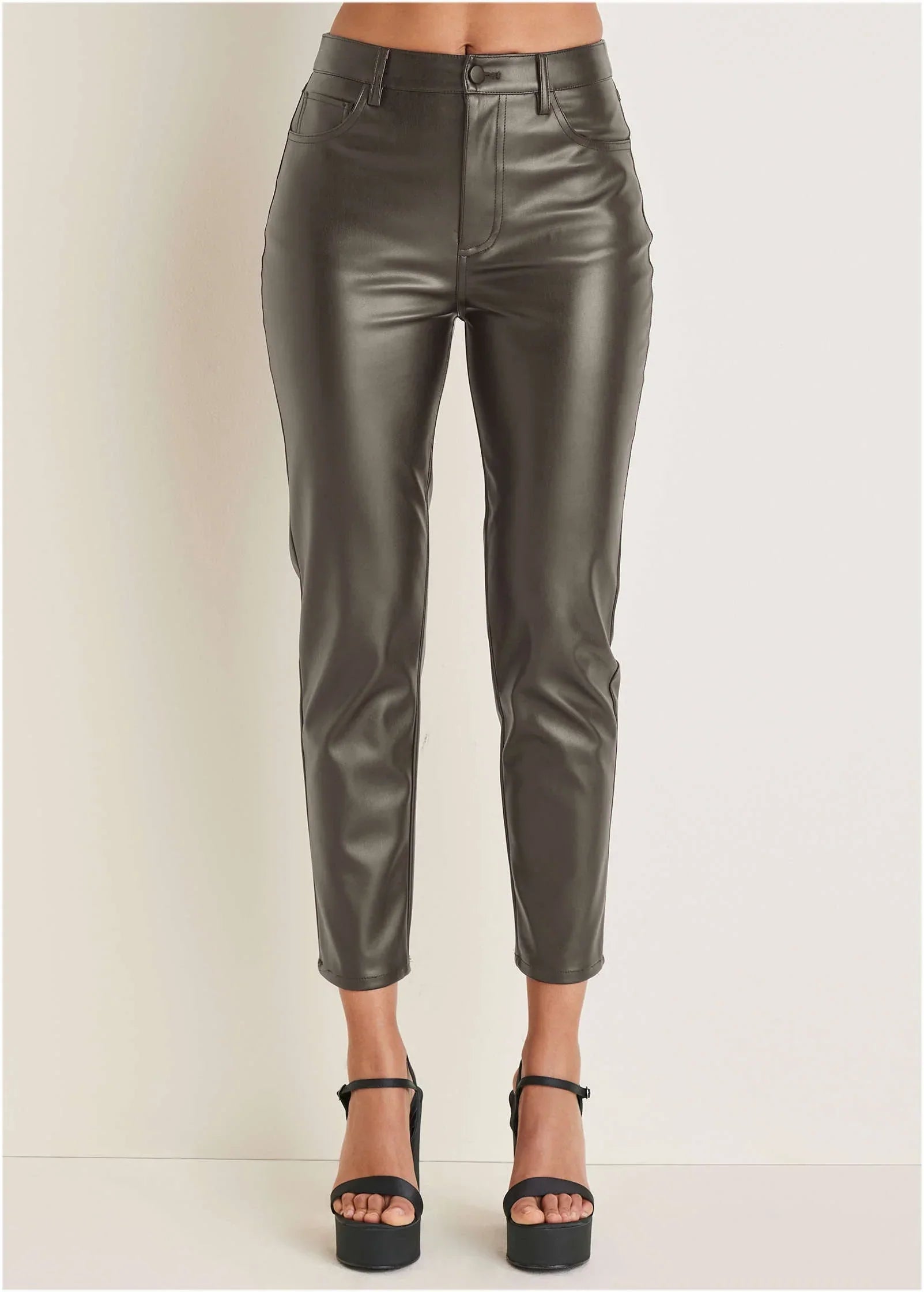 Faux Leather Straight Pants Brown
