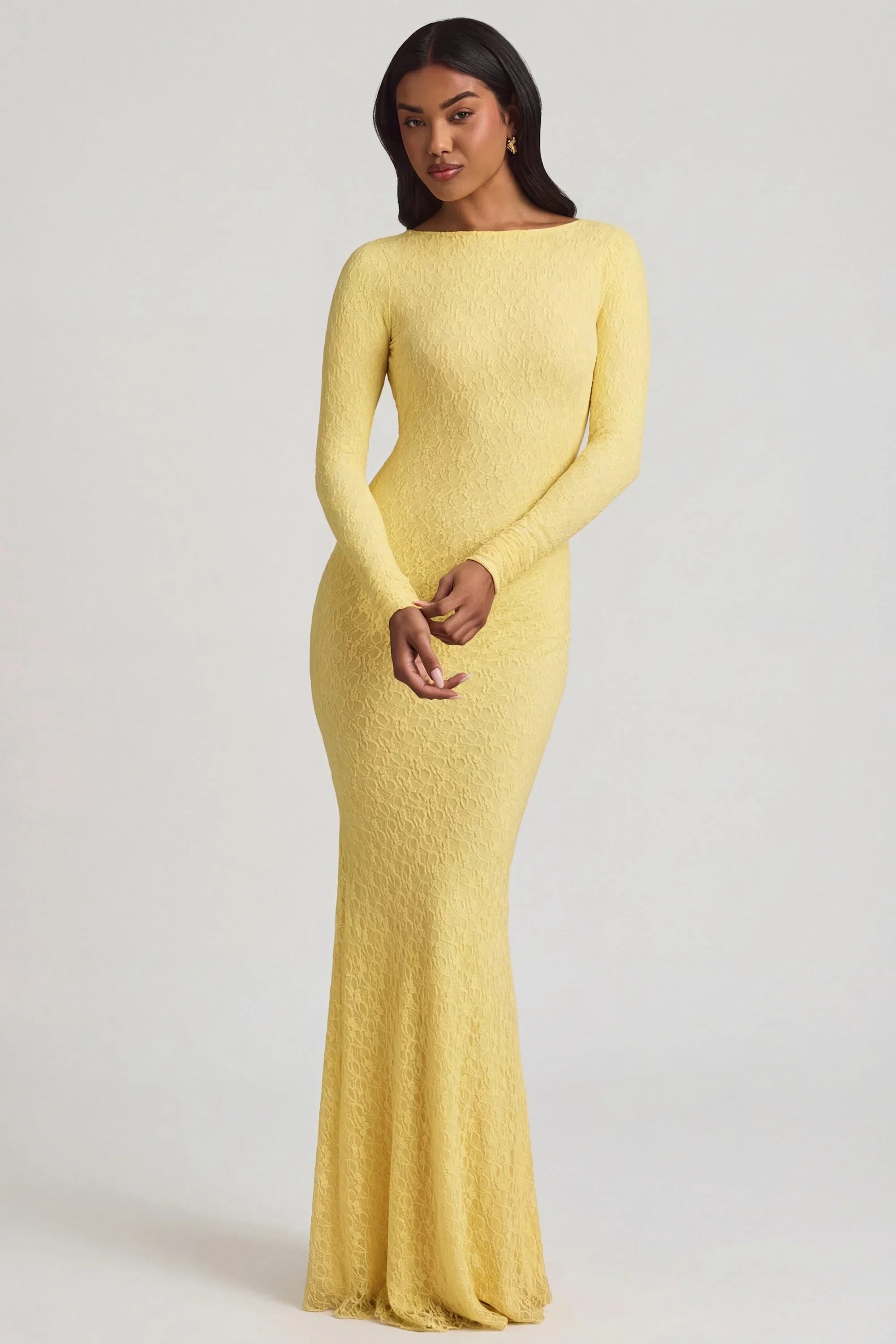 Ruched Backless Lace Maxi Dress in Pastel Yellow