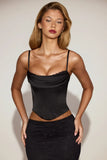 Satin Cowl Neck Lace Up Corset Top in Black