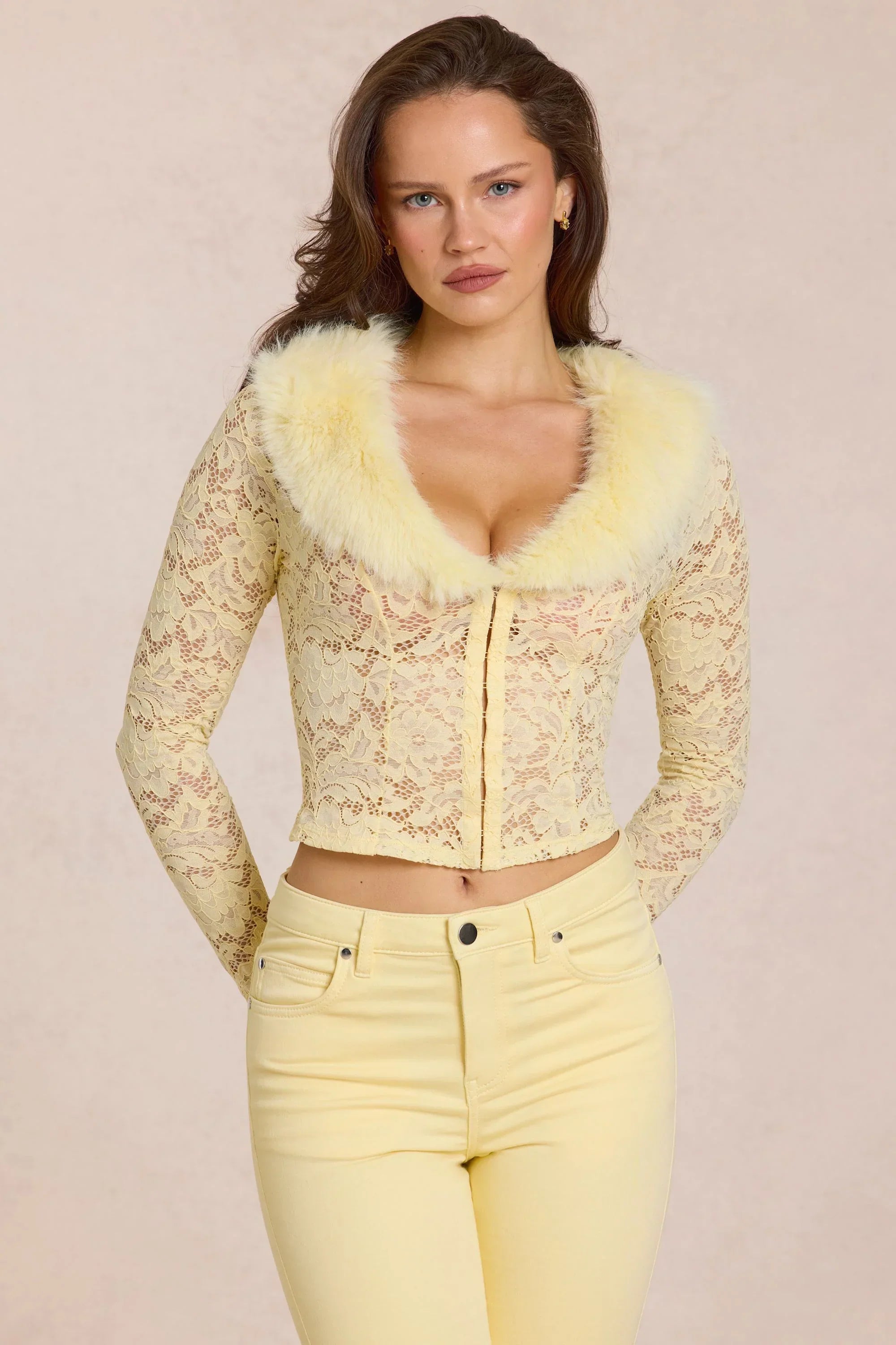 Lace Faux Fur Trim Cardigan in Lemon Yellow