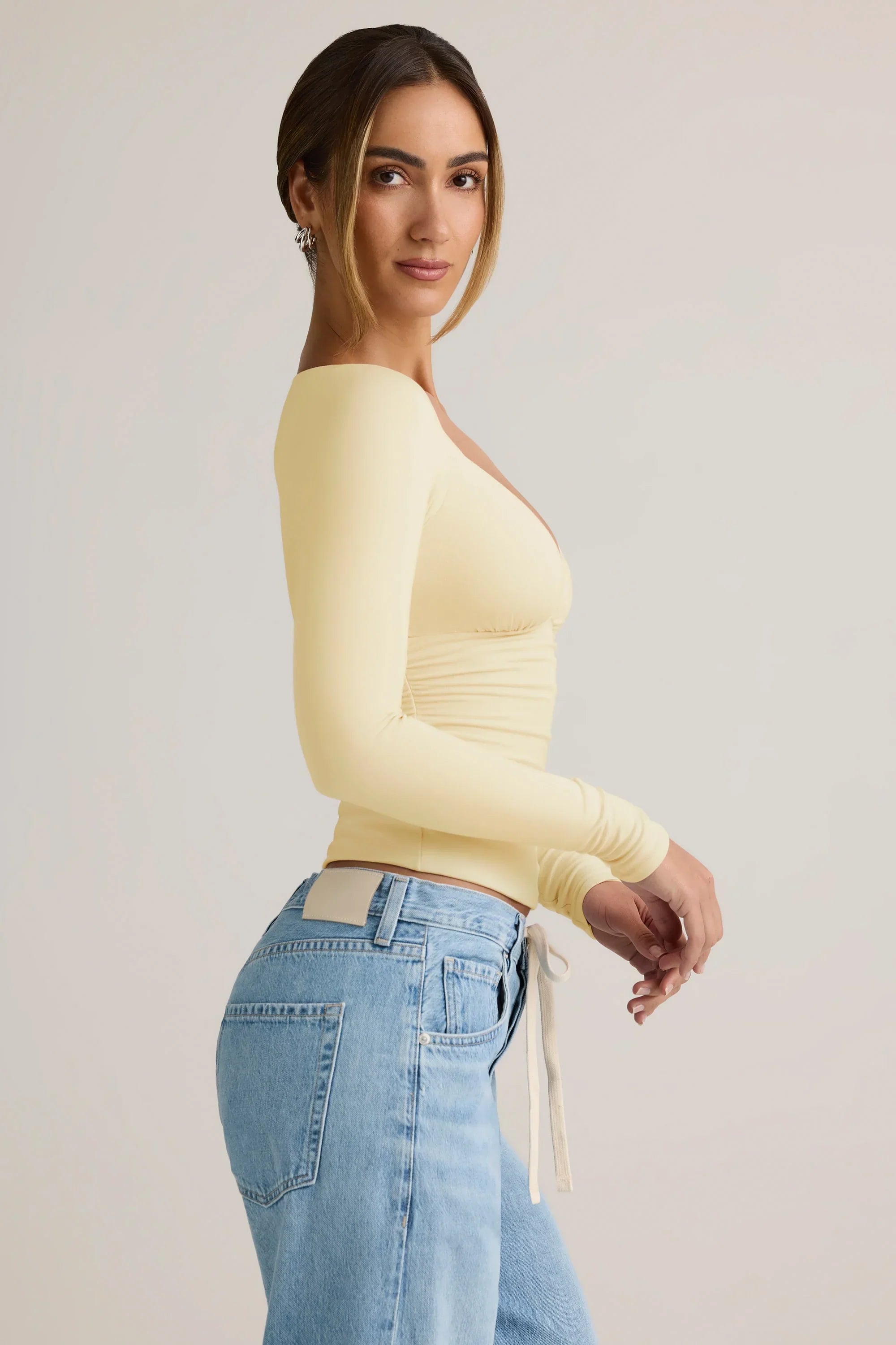 Modal Ruched Long Sleeve Top in Buttercream Yellow