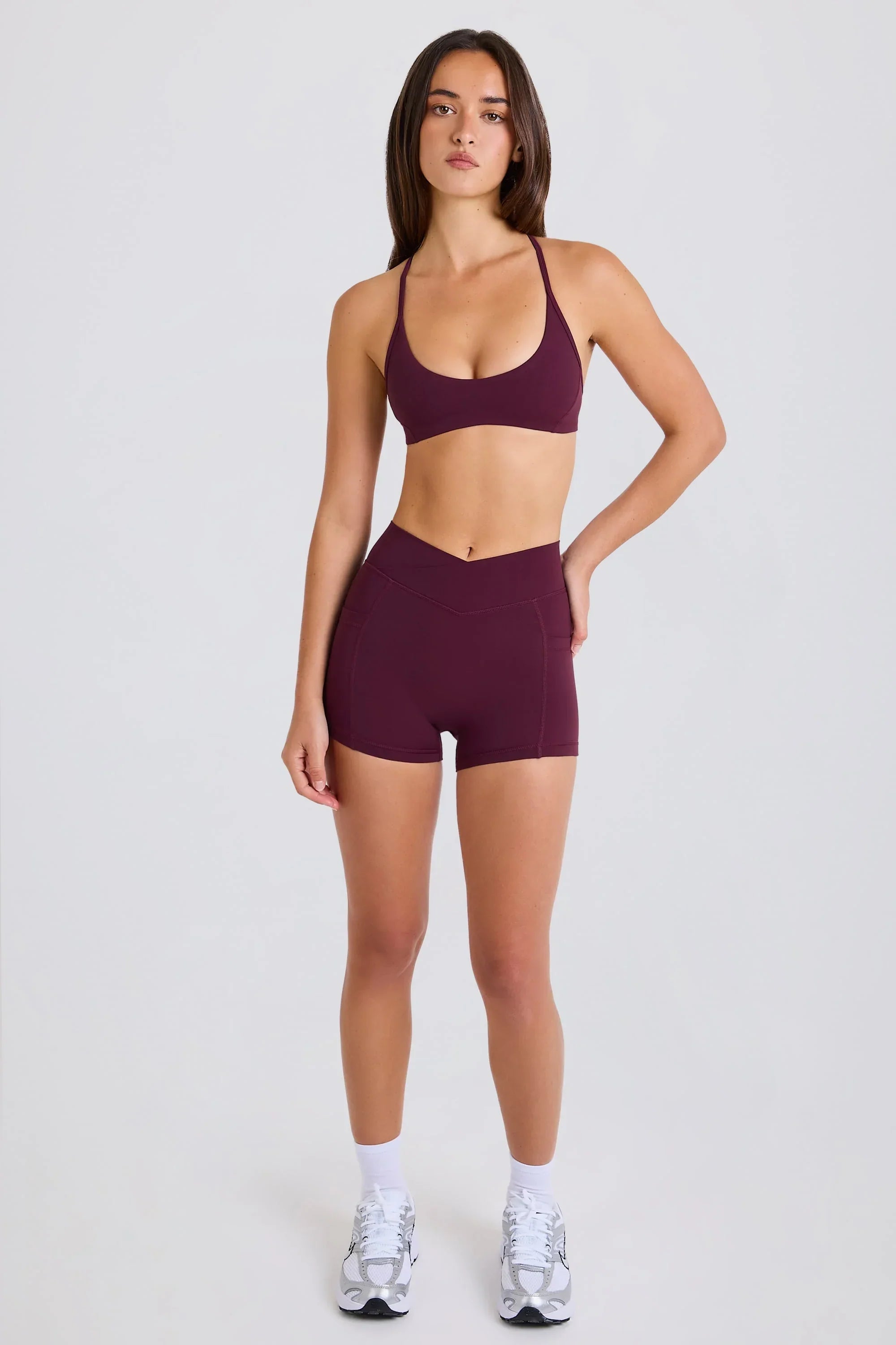 Soft Active V Waist Pocket Mini Shorts in Burgundy