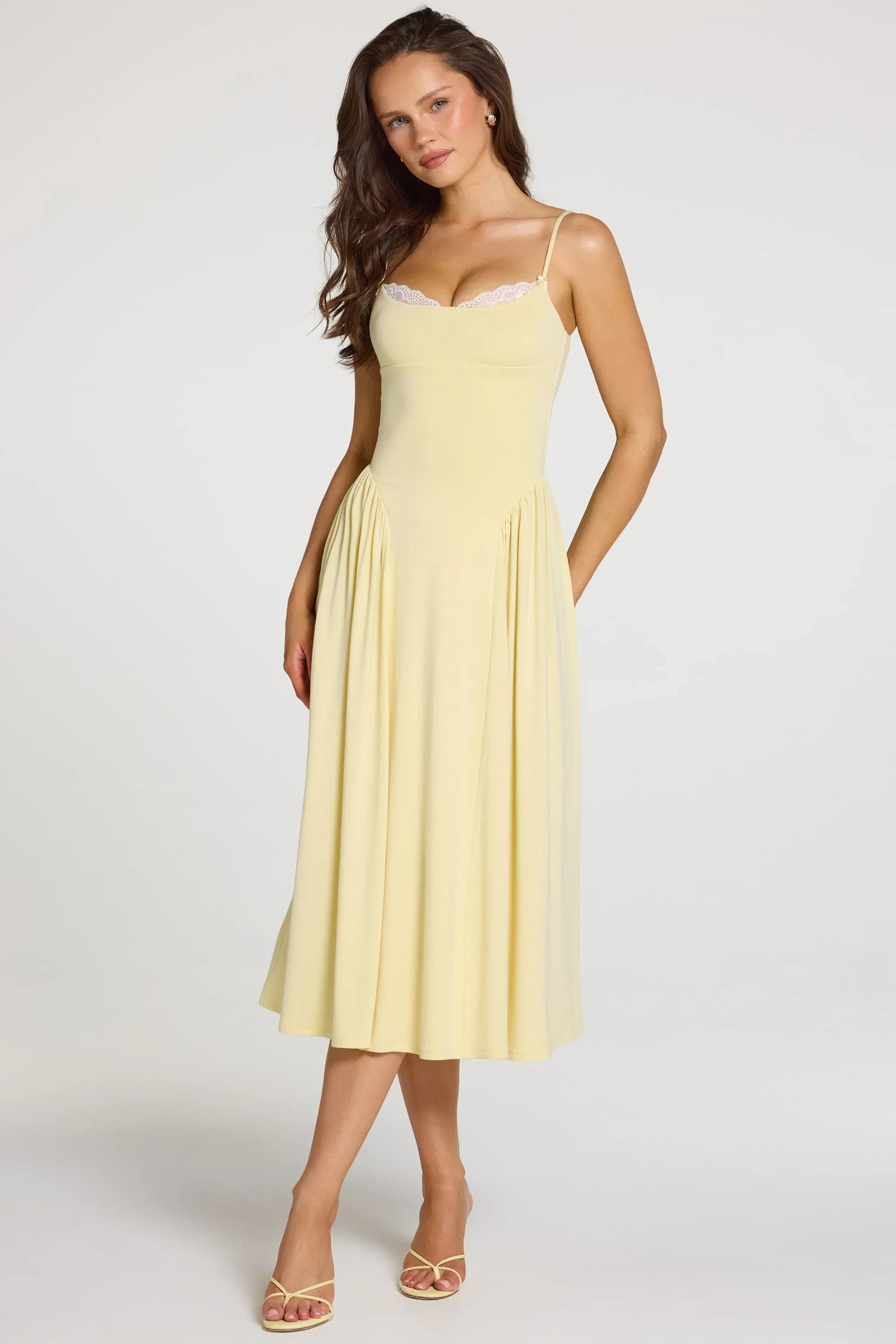 Modal Lace Trim Midaxi Dress in Pastel Yellow