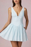 Bow Detail A Line Mini Dress in Powder Blue Stripe