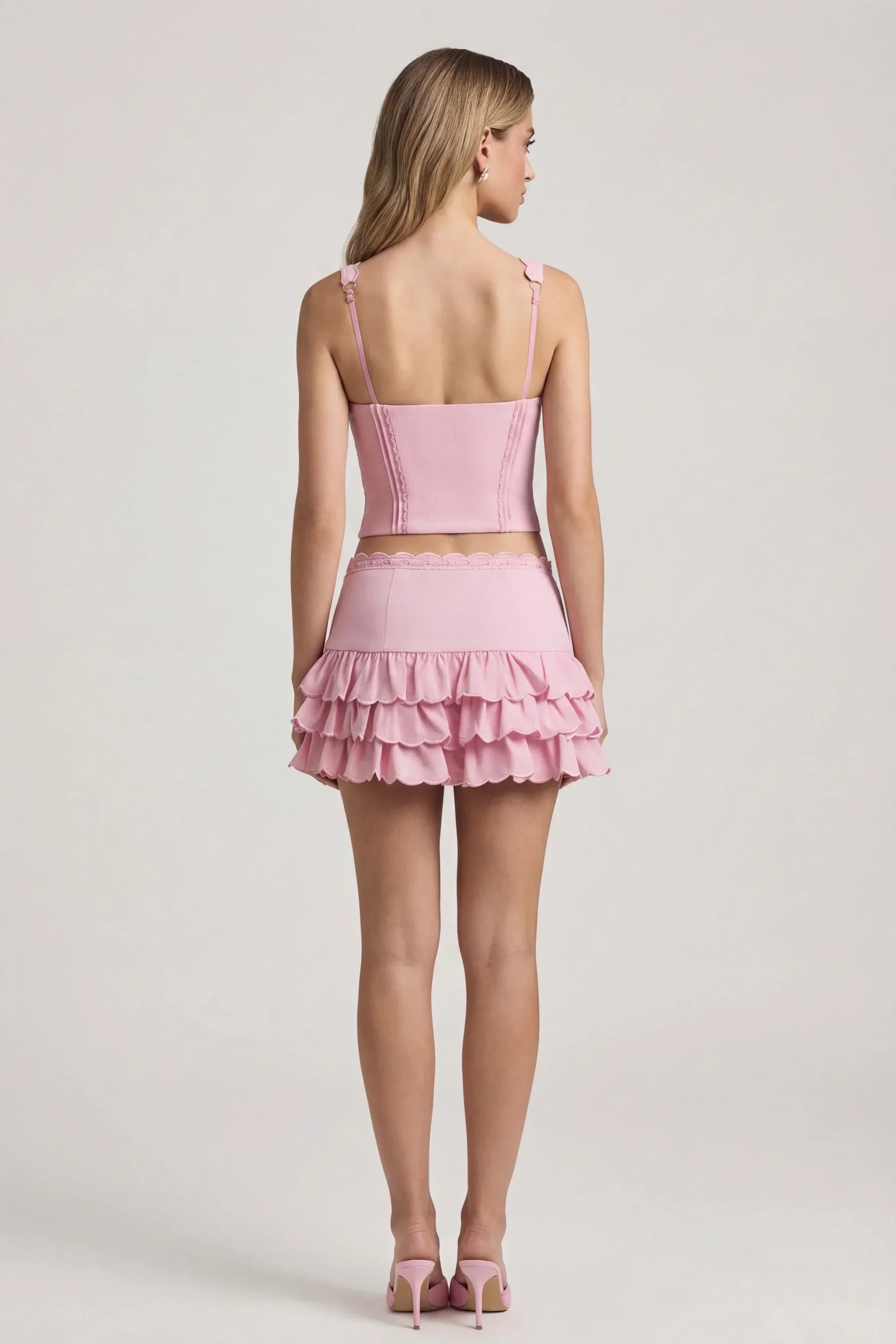 Layered Ruffled Low Rise Mini Skirt in Soft Pink