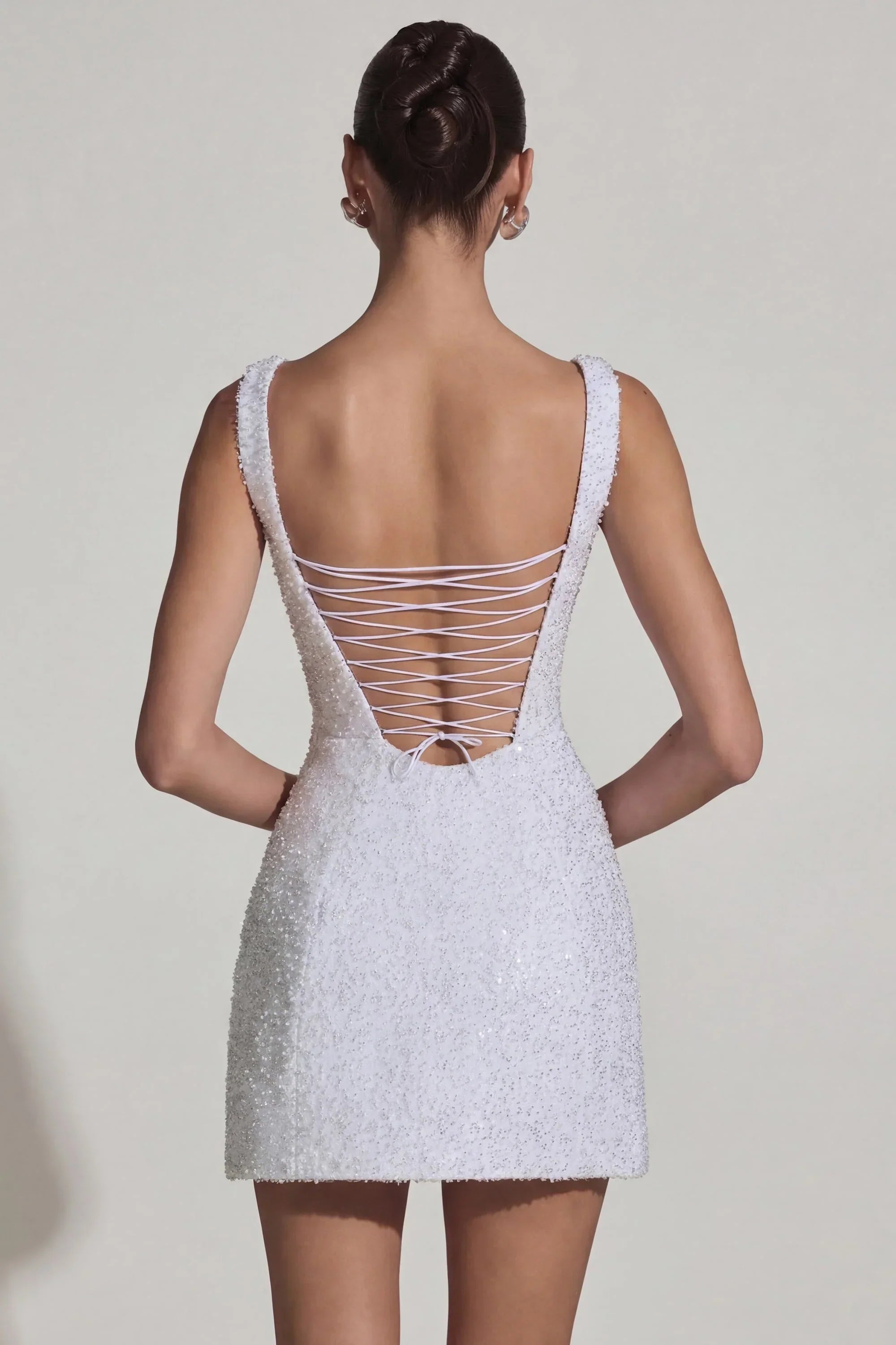 Embellished Structured A Line Mini Dress in White