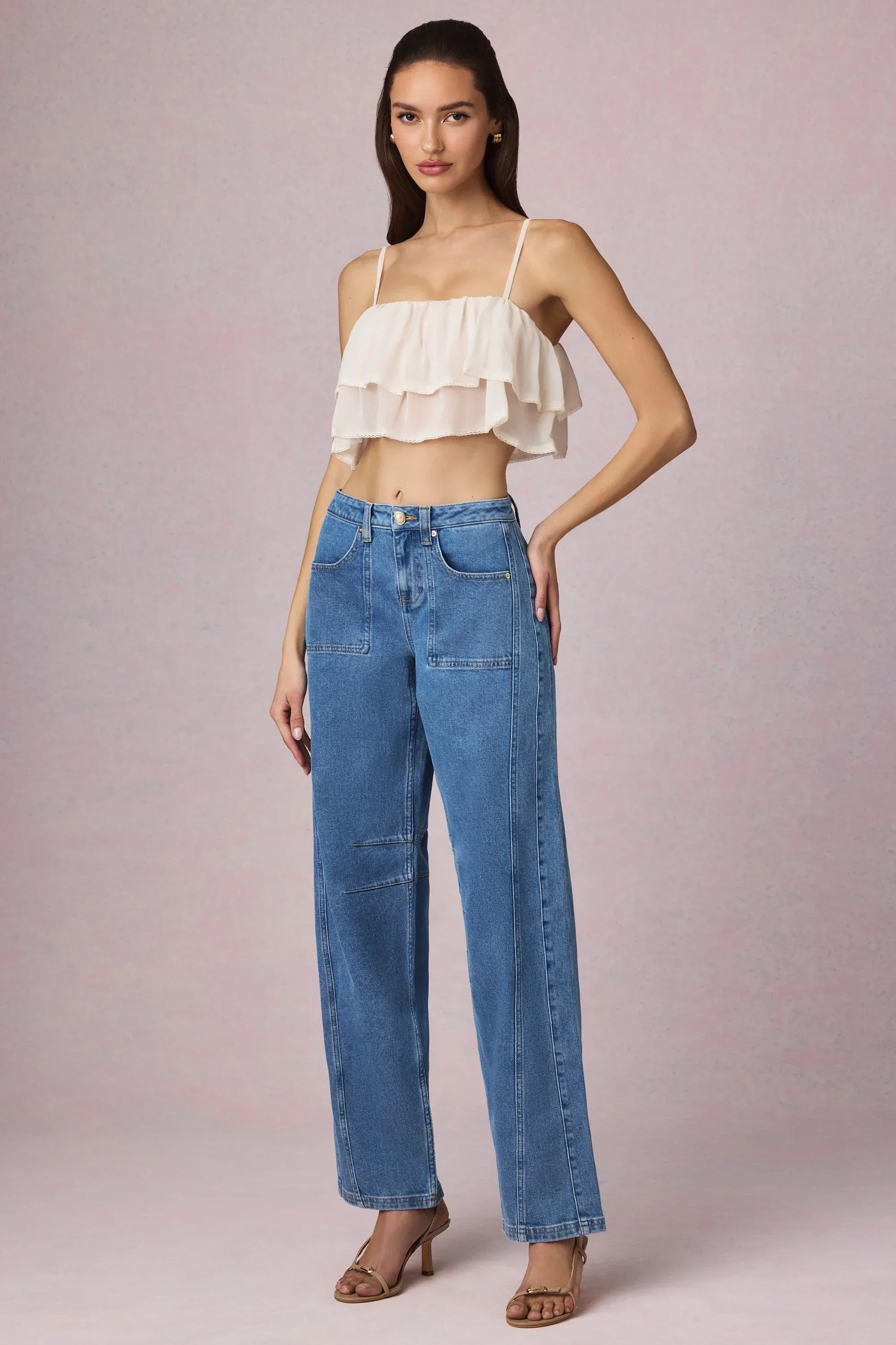 Mid Rise Barrel Leg Jeans in Mid Blue Wash