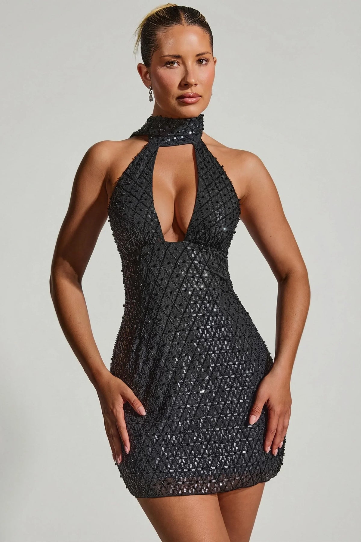 Embellished Scarf Detail Halterneck Mini Dress in Black