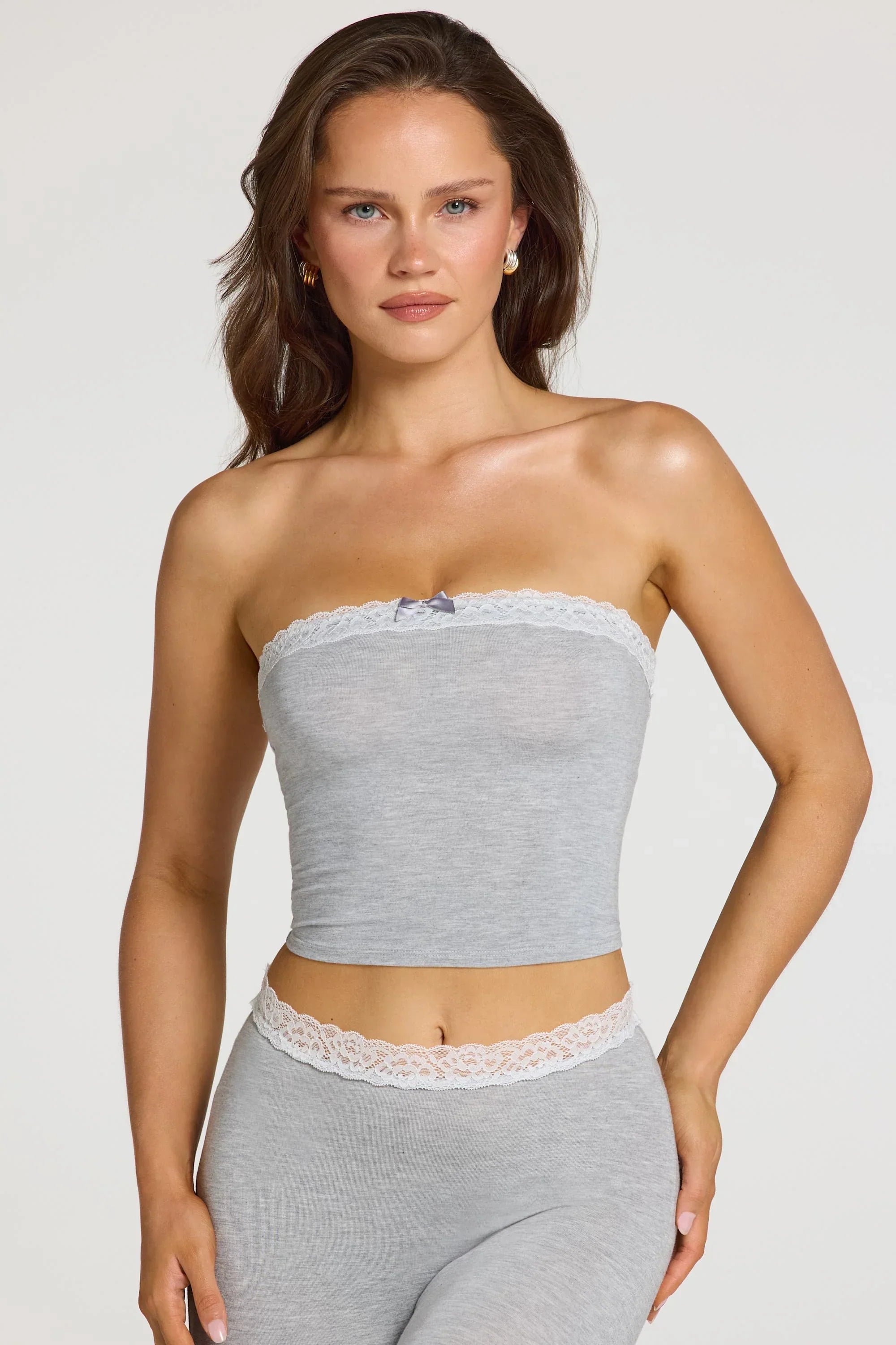 Modal Lace Trim Bandeau Top in Grey Marl