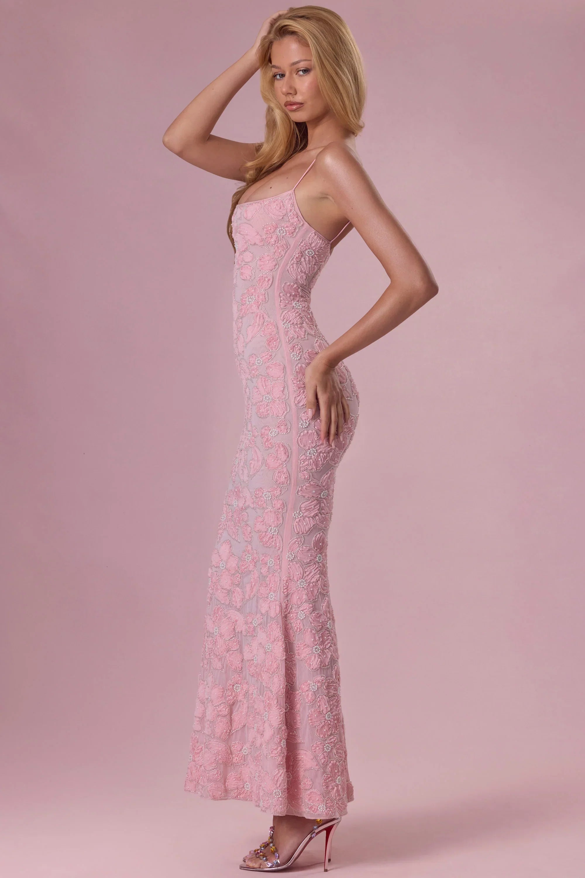 Embellished Square Neck Maxi Dress in Blush