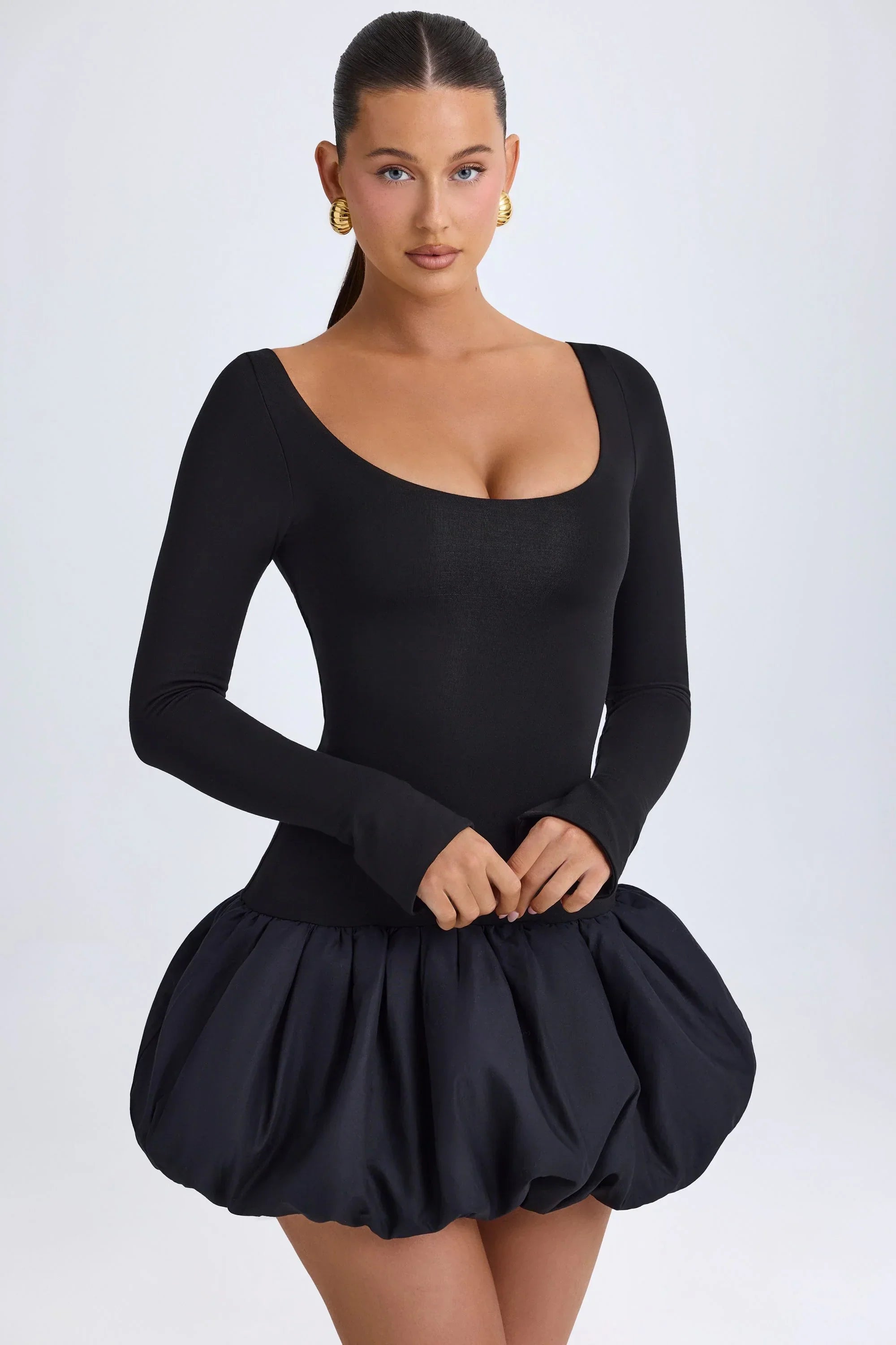 Modal Scoop Neck Drop Waist Bubble Hem Mini Dress in Black