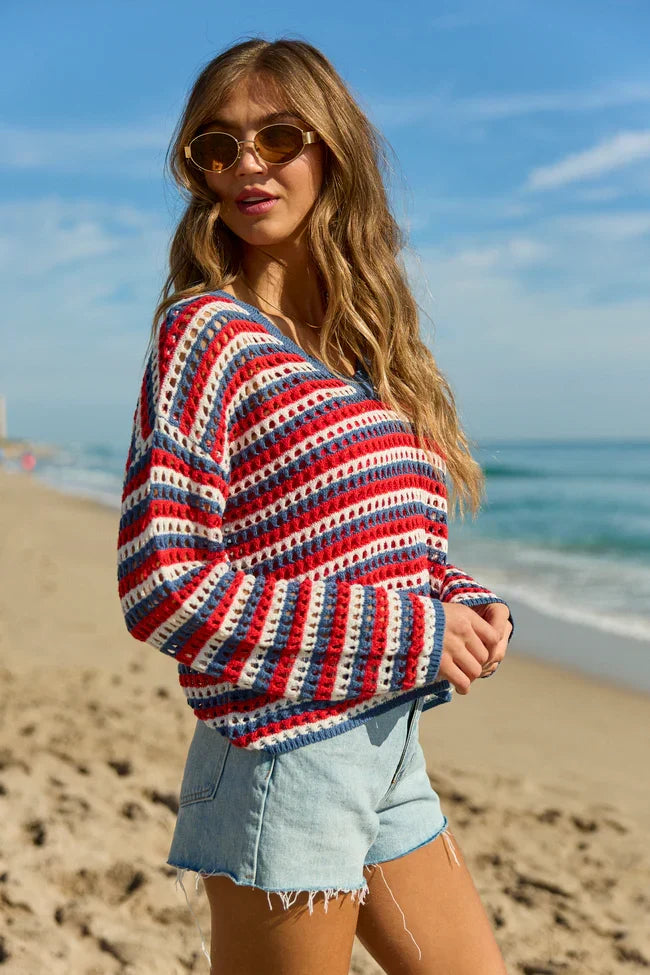 Chasing Rainbows Striped Crochet Sweater