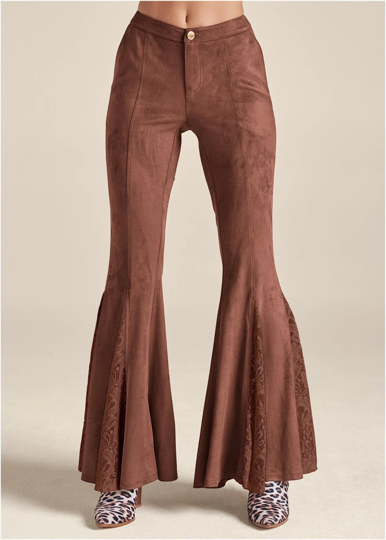 Faux Suede Flare Pants Brown Multi