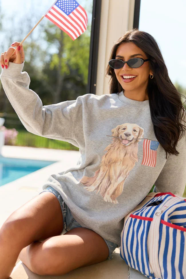 Patriotic Pup Light Grey Graphic Sweatshirt
