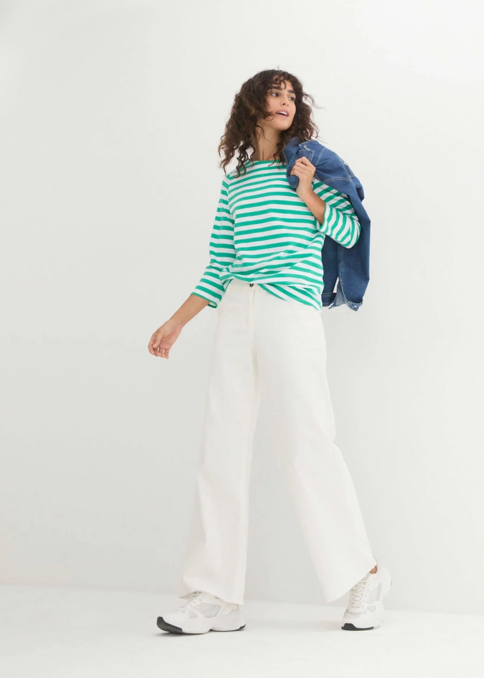 Boat Neck Striped Top White Jade