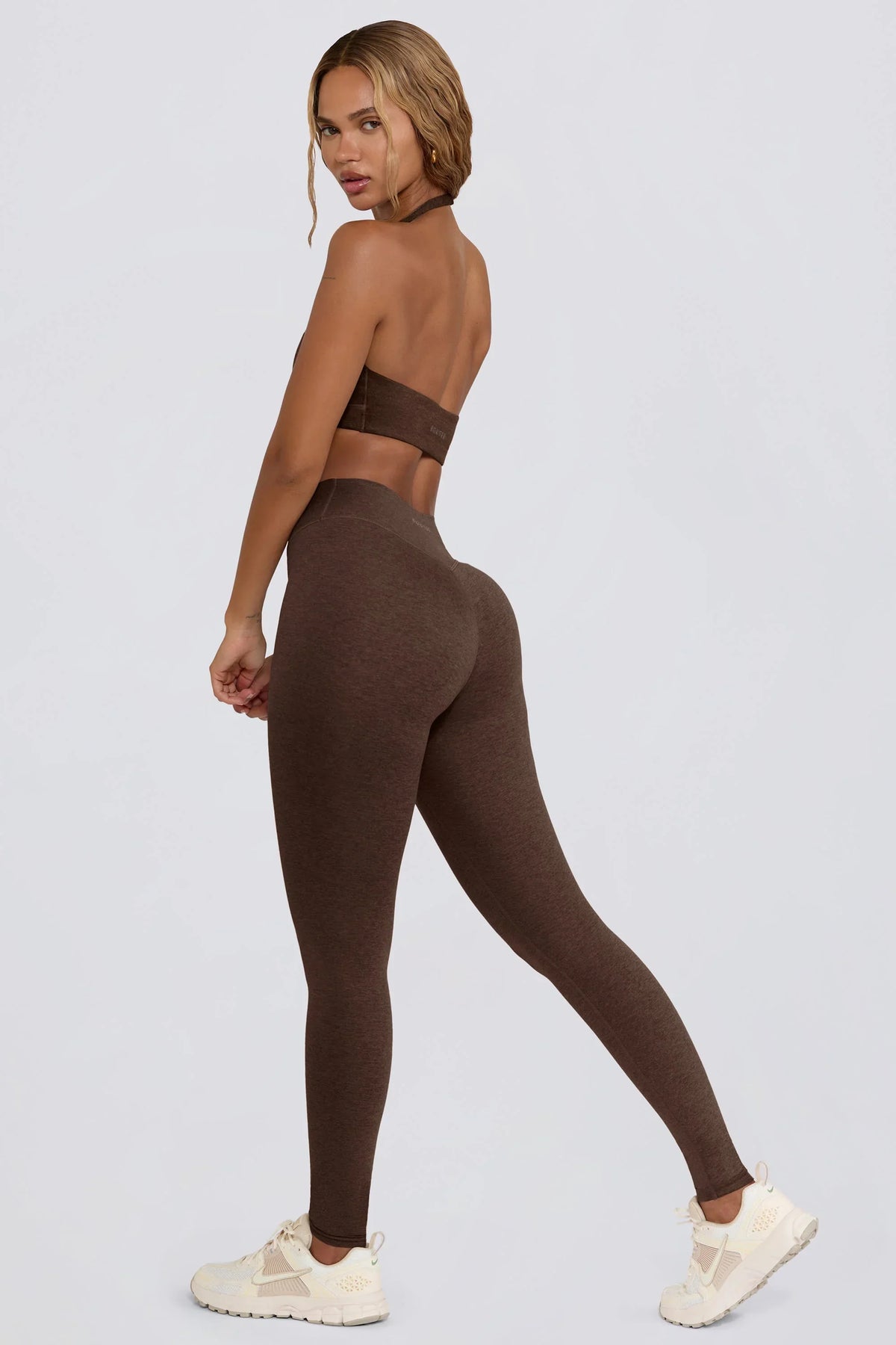 Brushed Jersey Ruched Mid Rise Leggings in Pecan Marl