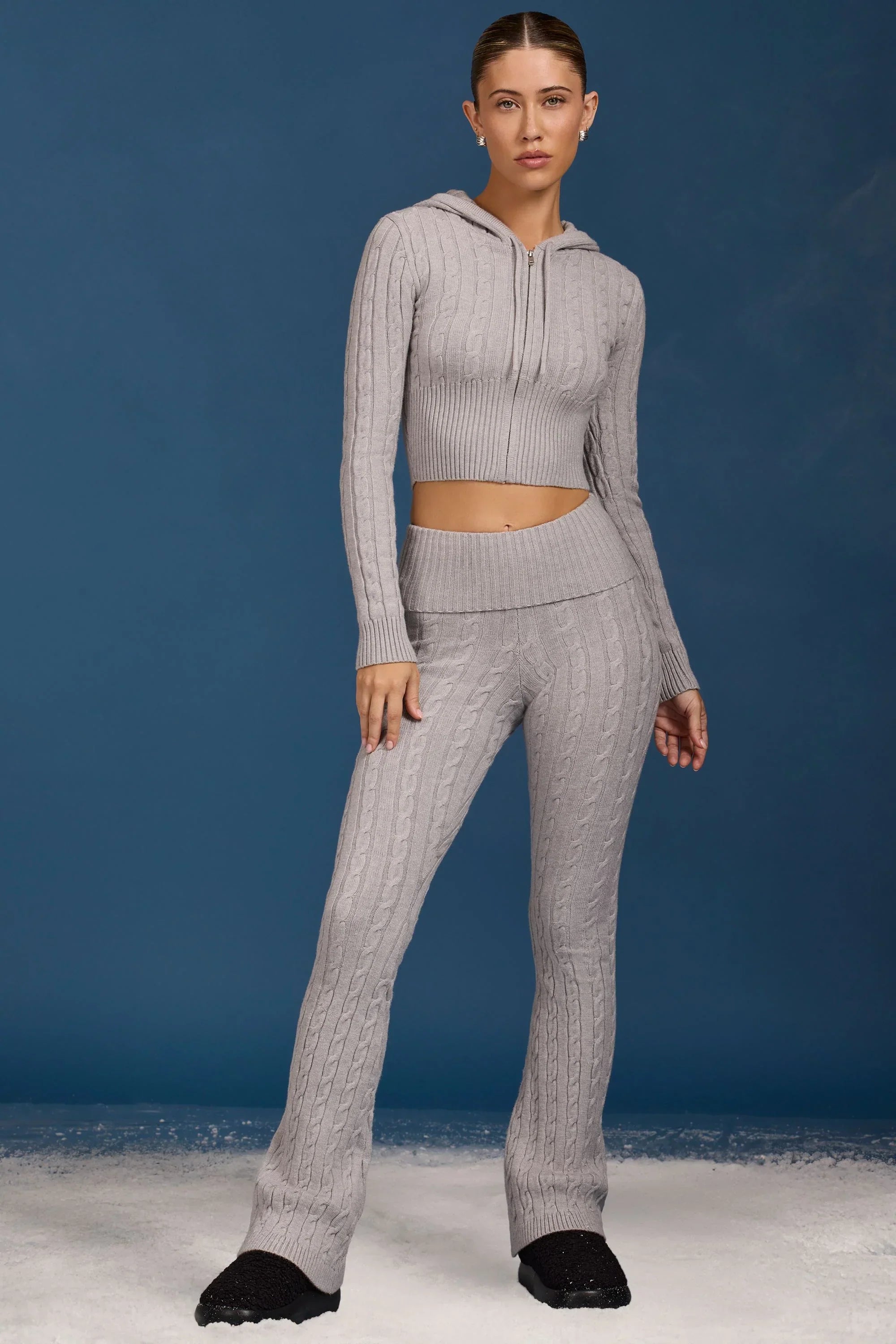 Cable Knit Zip Up Hoodie in Grey Marl