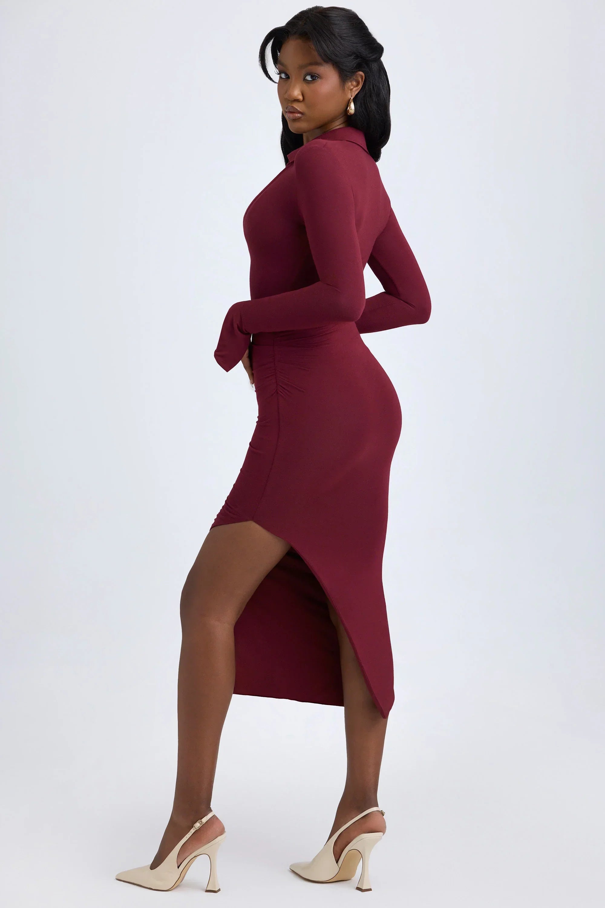 Modal Plunge V Neck Midaxi Dress in Wine Red