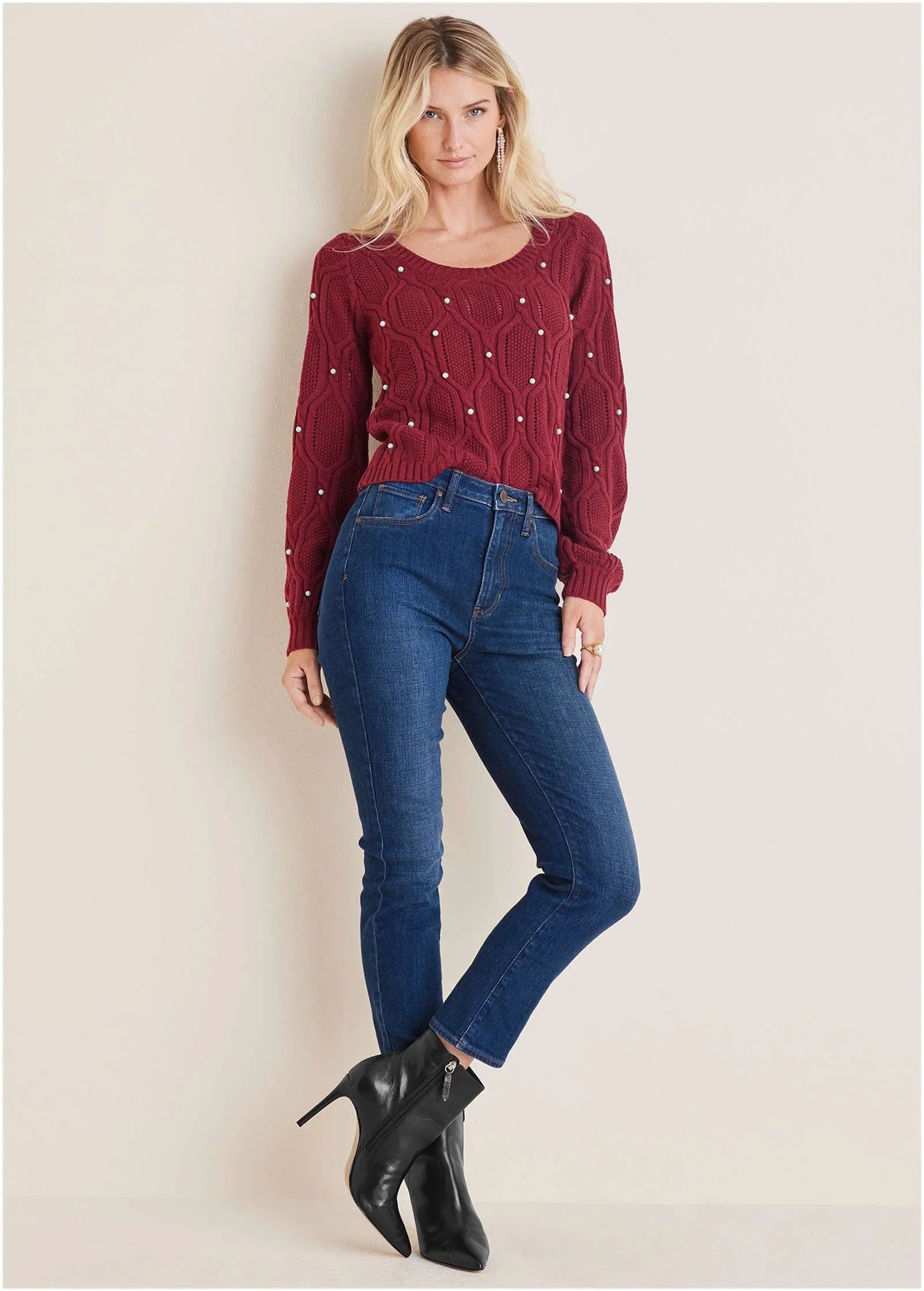 Pearl Detail Sweater Wine